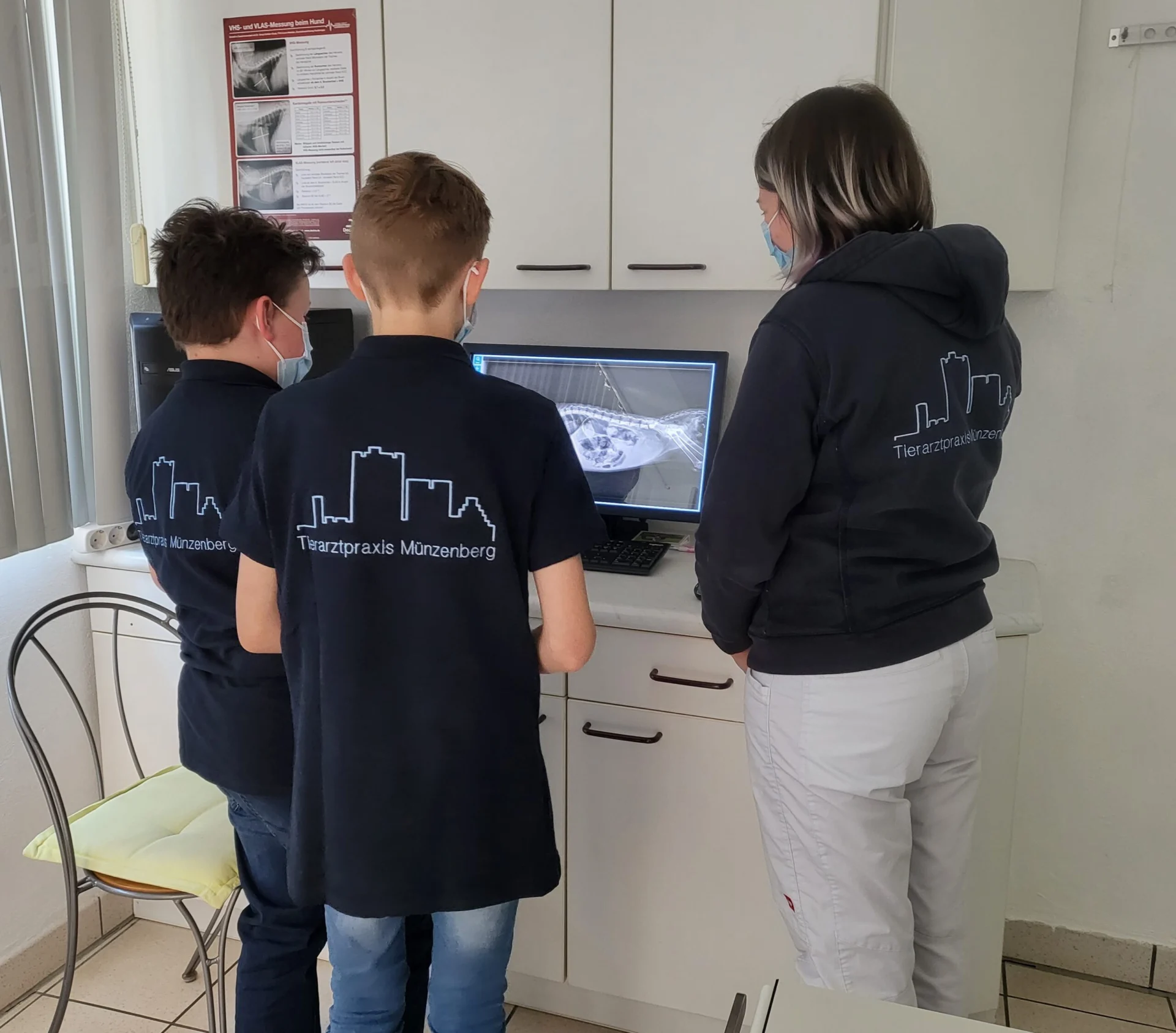 Boysday - zwei Jungen und eine Tiermedizinische Fachangestellte schauen ein Röntgenbild an