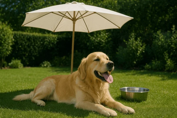 Ein Hund liegt auf einer Wiese unter einem Sonnenschirm