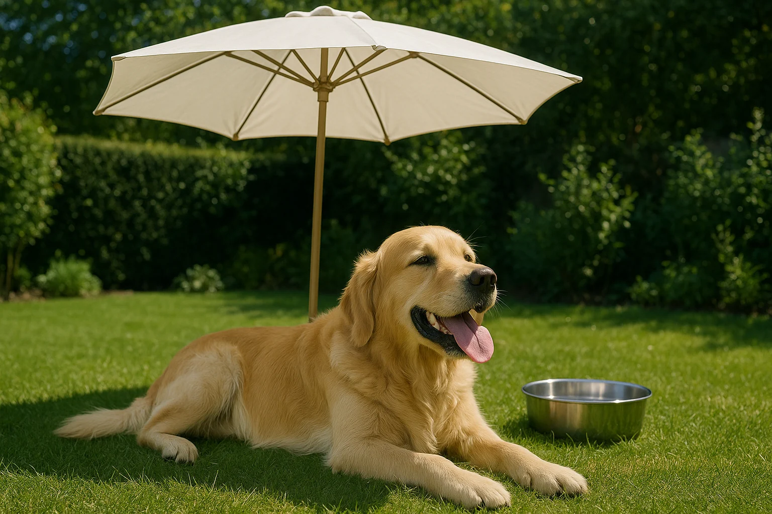 Ein Hund liegt auf einer Wiese unter einem Sonnenschirm
